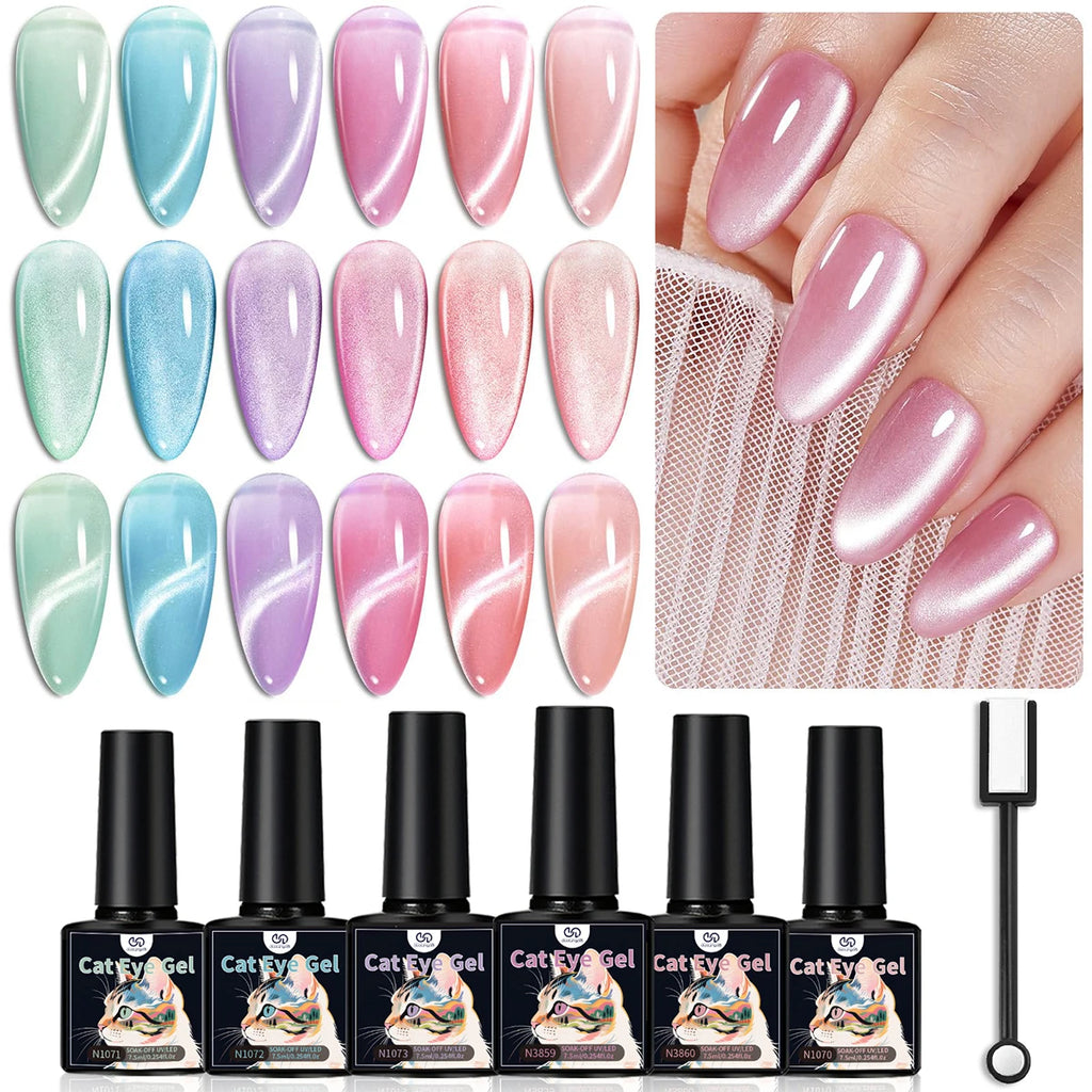 Set de vernis gel pour ongles œil de chat | Effet magnétique perle aurore boréale | Lot de 6 | Tenue longue durée