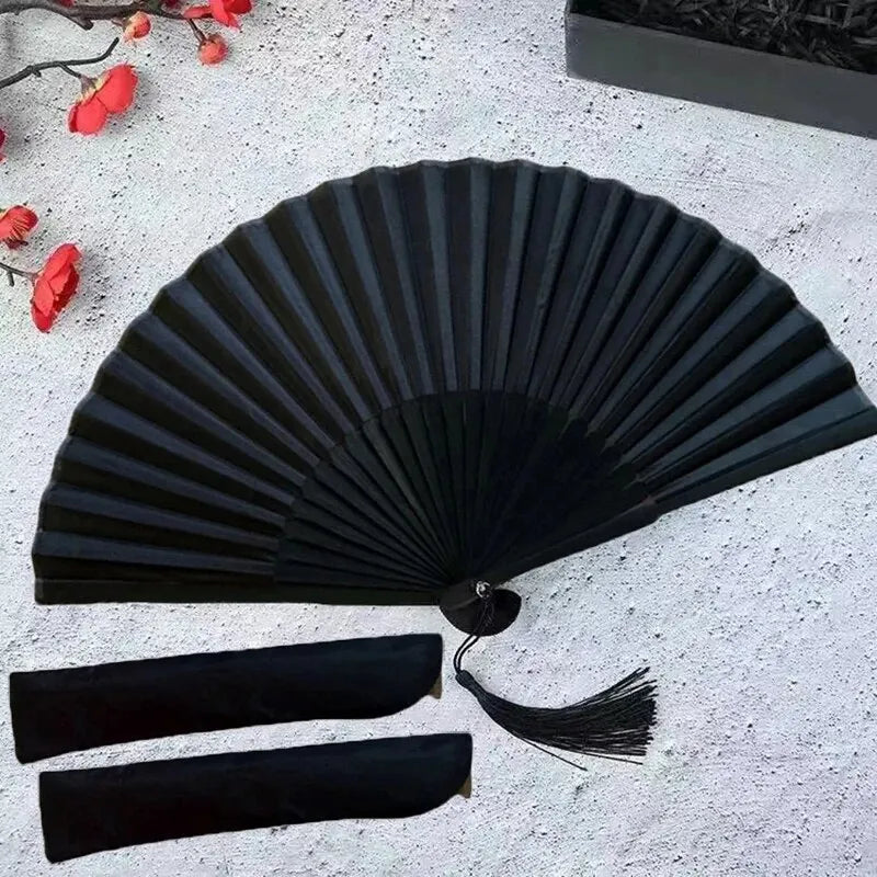 Éventail pliant | Style vintage chinois | Bambou et tissu avec pochette | Mariage et fête