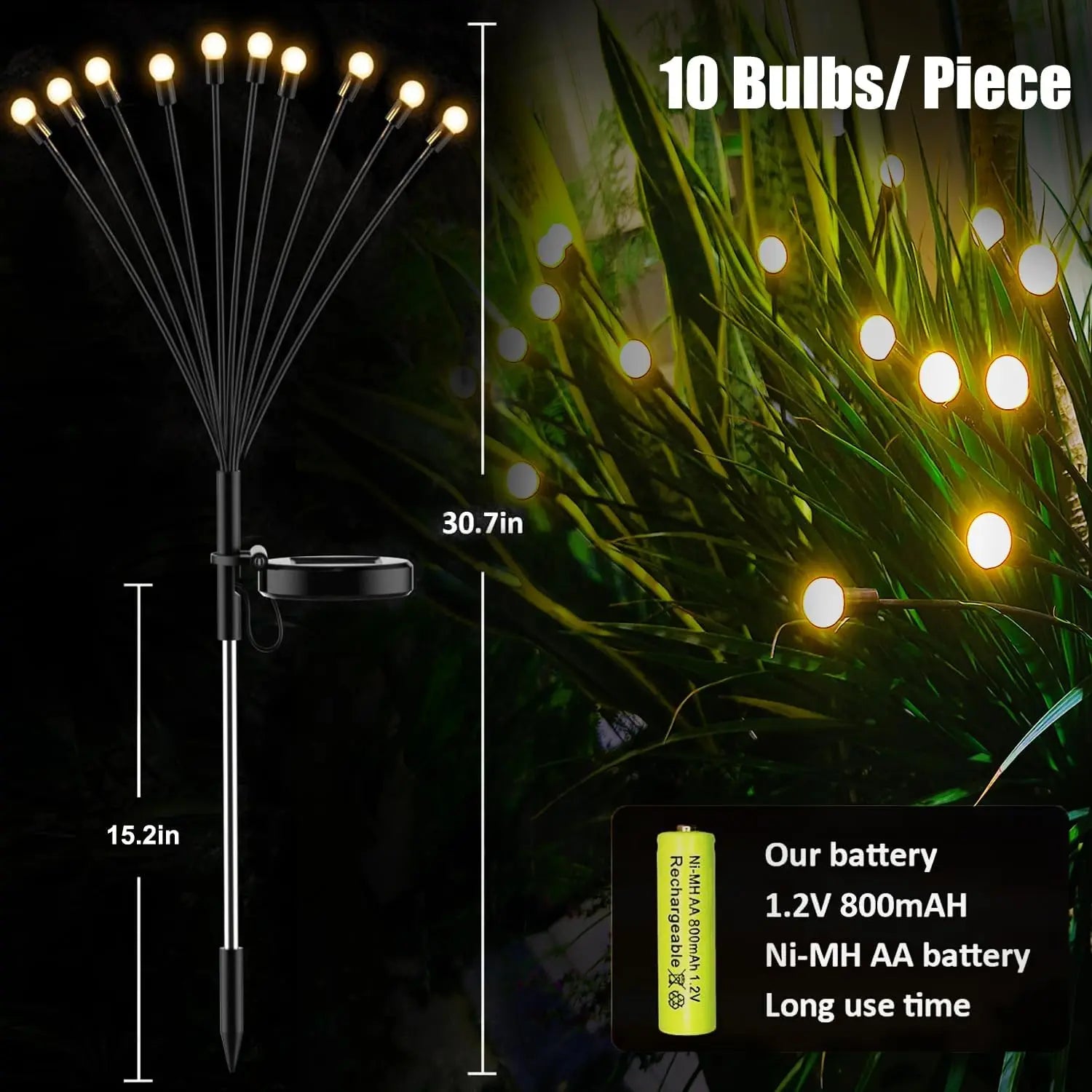 Lumières de jardin solaires | Design luciole à 10 LED | Alimentées à l'énergie solaire et étanches
