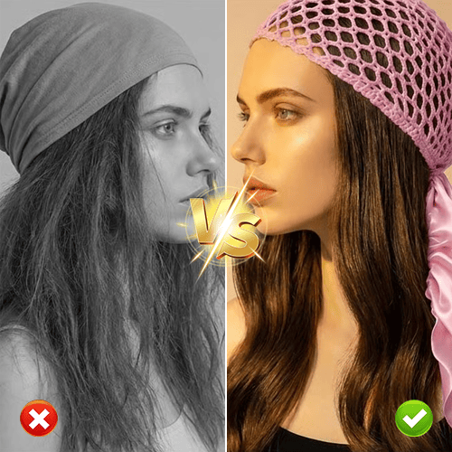 Femme portant un bonnet de nuit pour garder des cheveux lisses