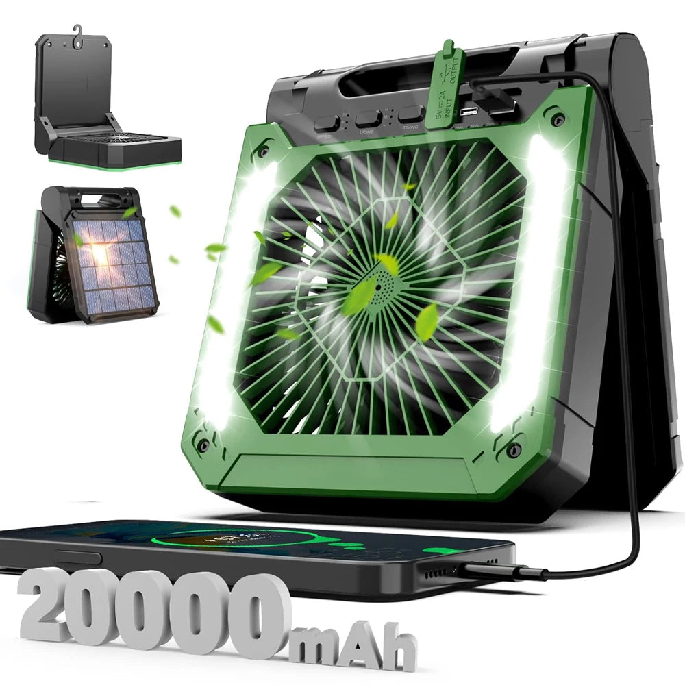 Ventilateur de camping sans fil | Lanterne LED rechargeable solaire et USB | Autonomie jusqu'à 58h