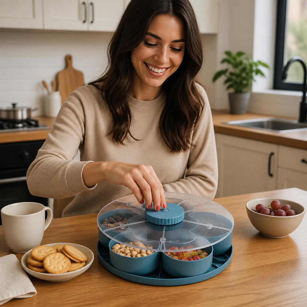 Plateau de service rotatif avec plusieurs compartiments pour snacks