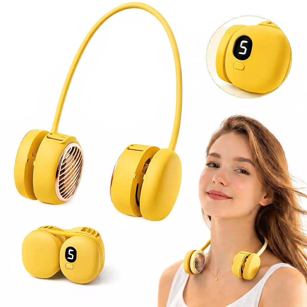 Ventilateur de Cou Portable | Double Turbo 5 Vitesses | Bandeau en Silicone Flexible | Rechargeable USB-C