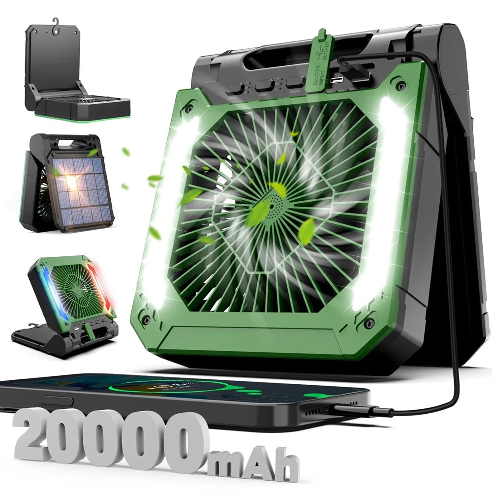 Ventilateur de camping sans fil | Lanterne LED rechargeable solaire et USB | Autonomie jusqu'à 58h