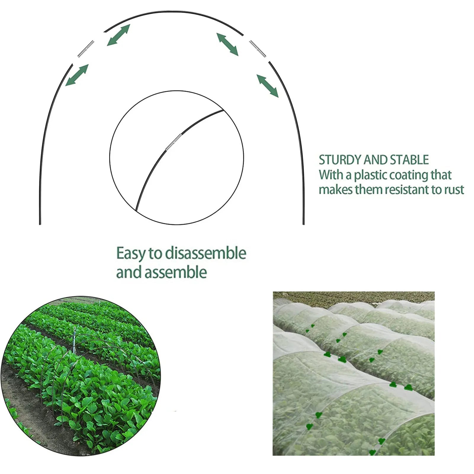 Kit de tunnel de jardin | Arceaux flexibles en fibre de verre | Connecteurs galvanisés | Résistant aux intempéries et réutilisable