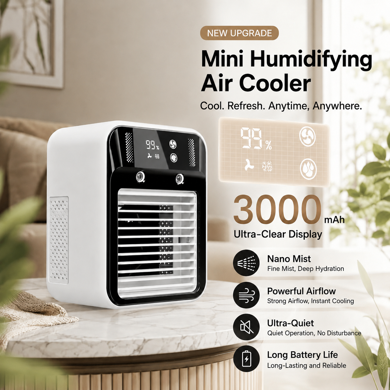 Vue latérale du ventilateur portable Brumiva sans fil