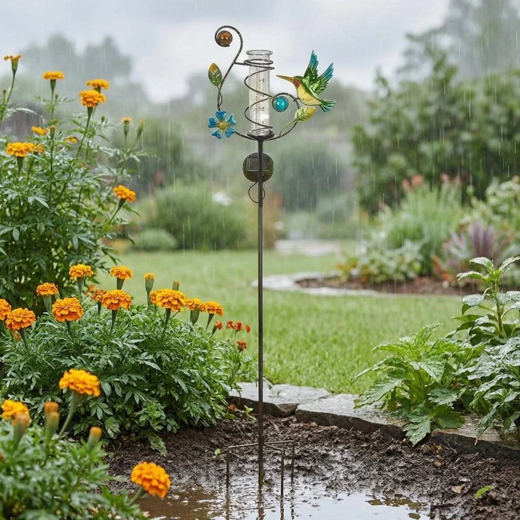 Ornement de jardin en forme de colibri avec pluviomètre sur tige à planter