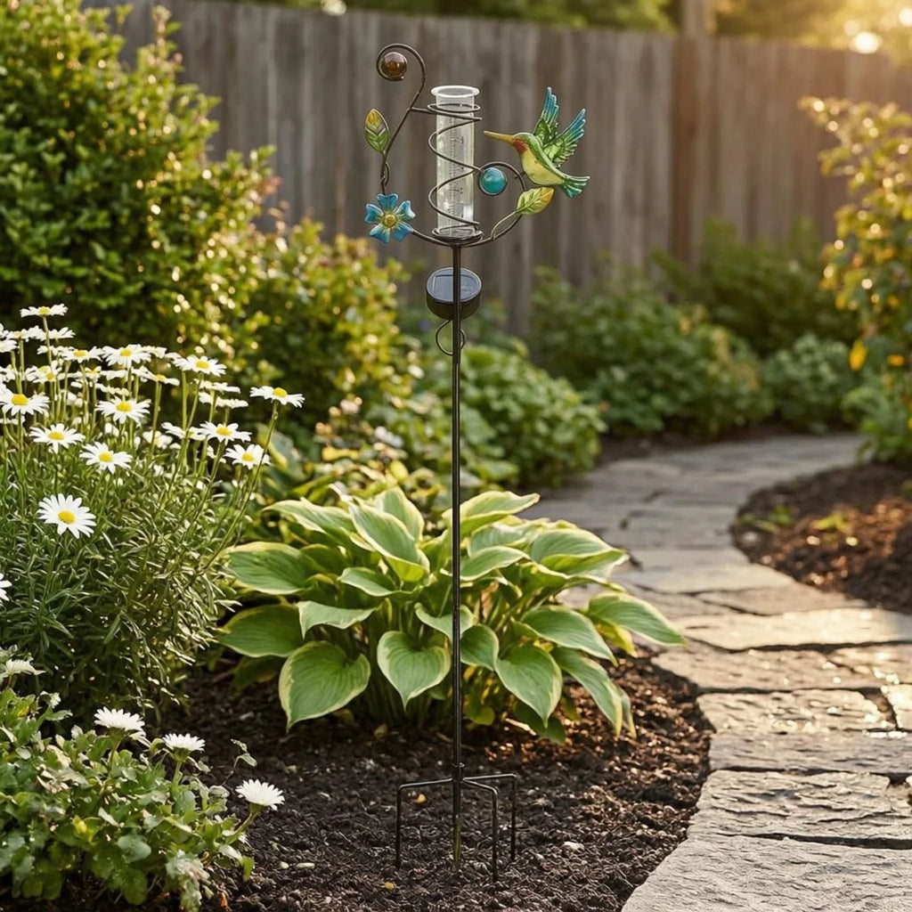 Pluviomètre décoratif solaire installé dans un jardin parmi les fleurs