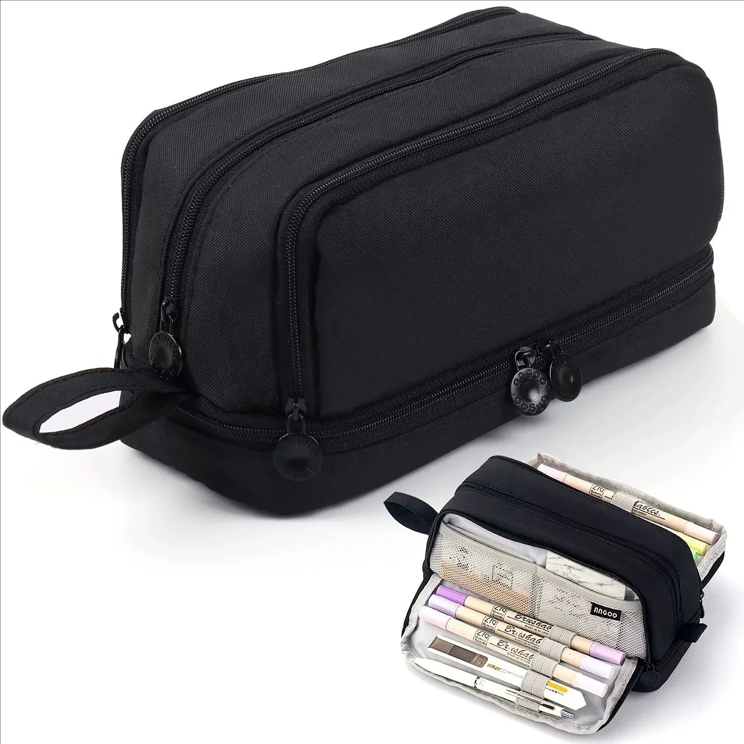 Trousse grande capacité ouverte montrant ses trois compartiments de rangement