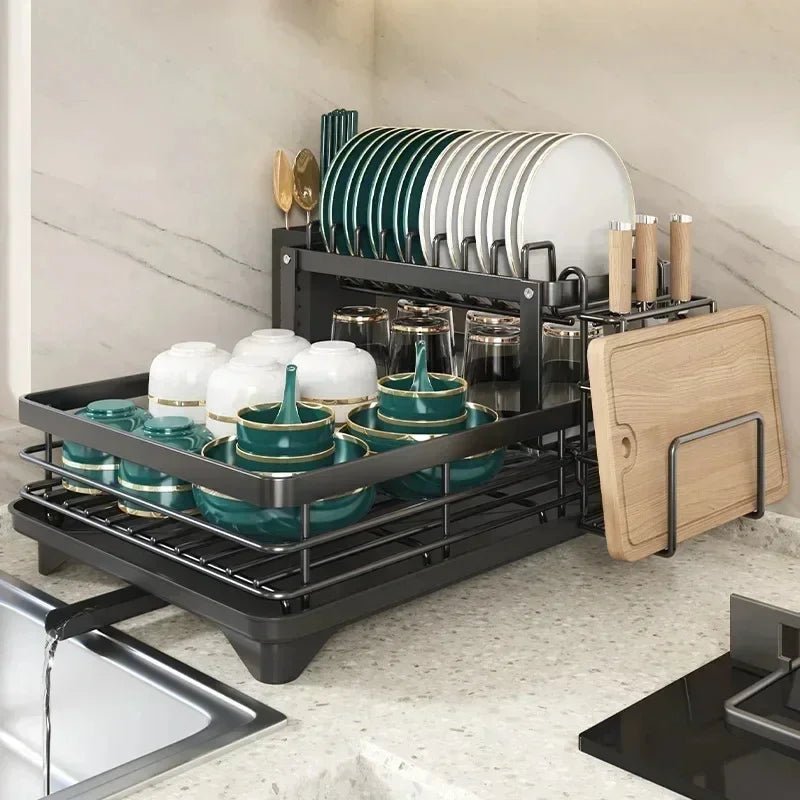 Vue en angle de l'égouttoir à vaisselle compact adapté au plan de travail