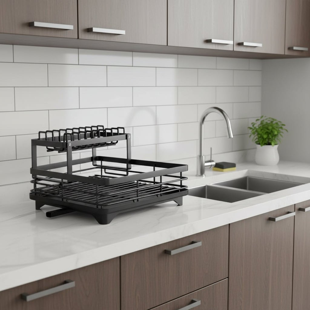 Égouttoir à vaisselle inox déplié montrant sa structure gain de place pour la cuisine