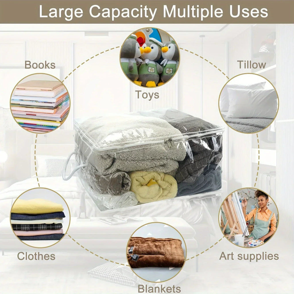 Sac de rangement transparent rempli de textiles pour optimiser l’espace dans un placard