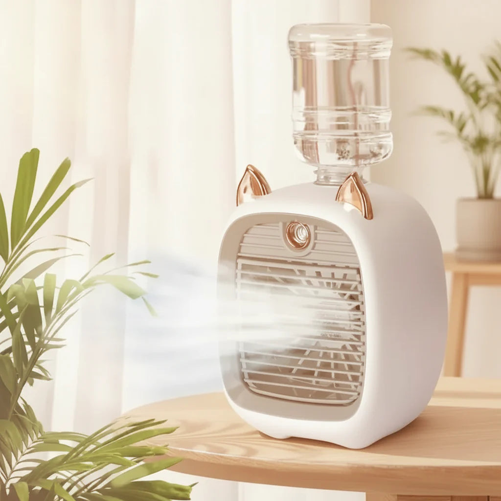 Mini refroidisseur d'air USB Brisora avec fonction humidificateur sur un bureau