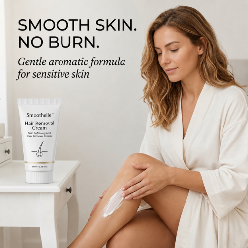Tube de crème dépilatoire Veloursa pour peau sensible sur fond clair
