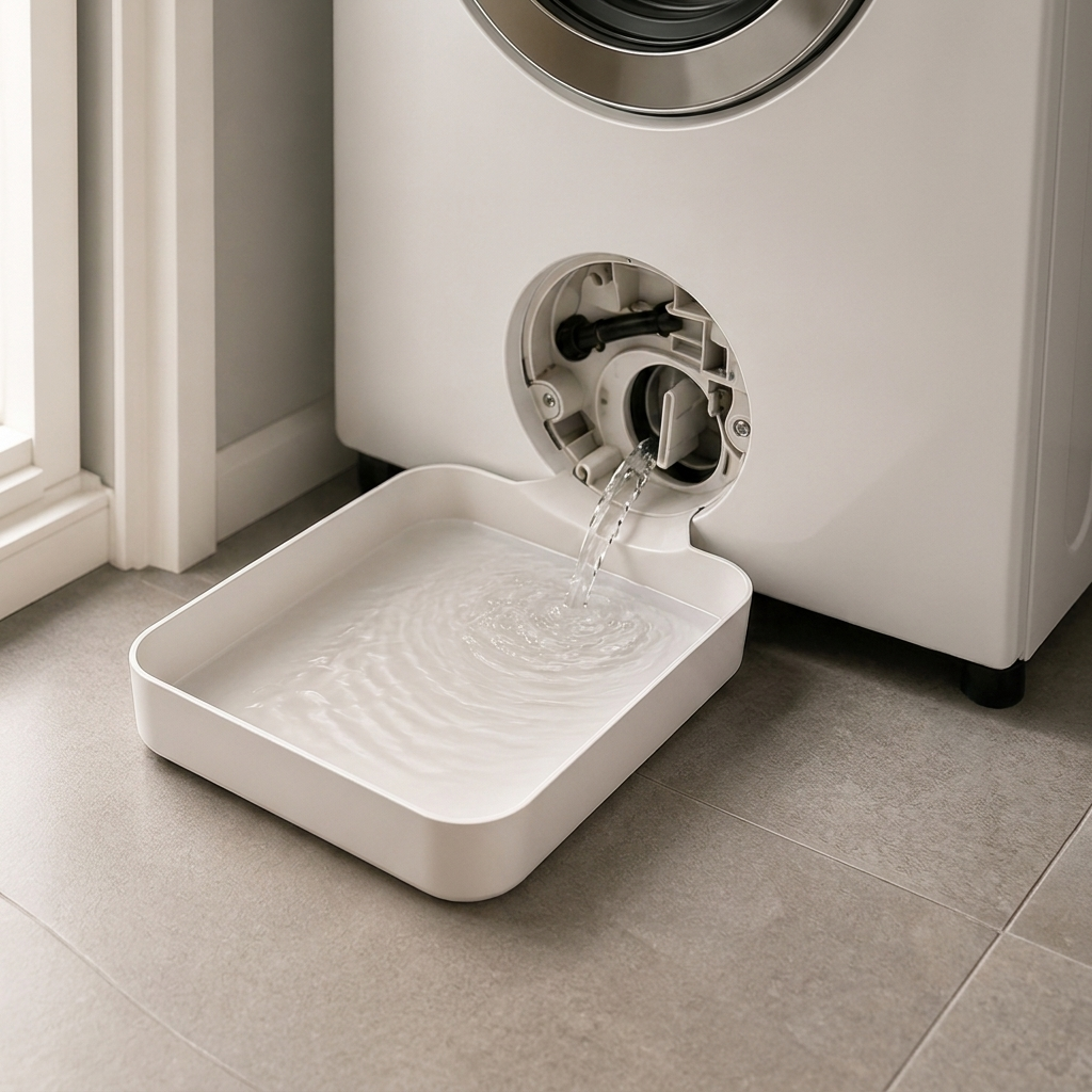 Bac plat sous une machine à laver pour recueillir l’eau lors du nettoyage du filtre