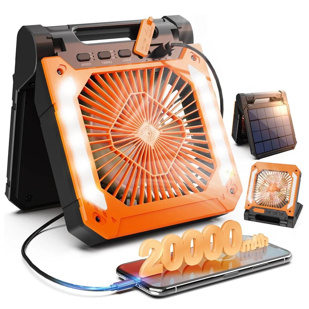 Ventilateur de camping sans fil | Lanterne LED rechargeable solaire et USB | Autonomie jusqu'à 58h