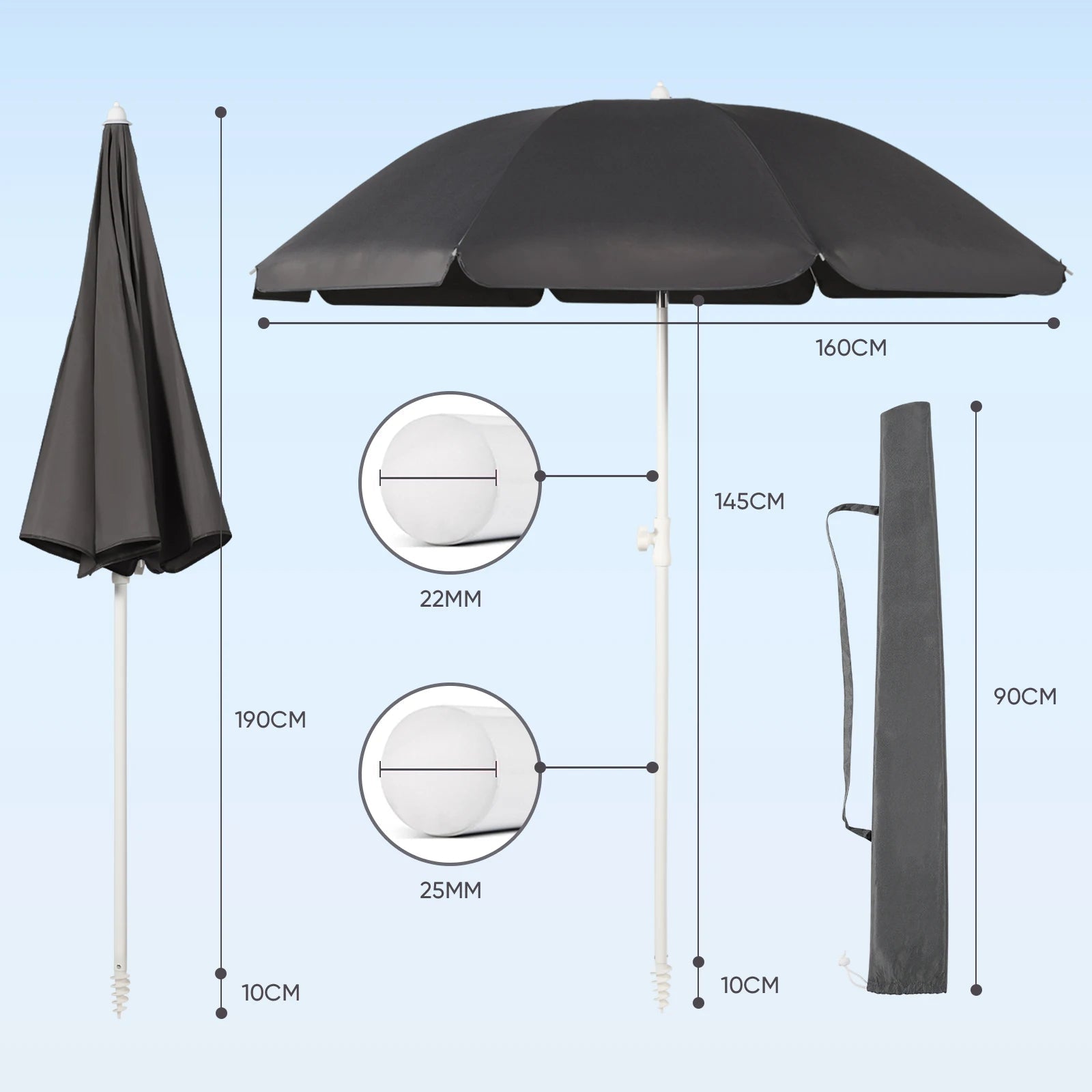 Parasol de Terrasse & Plage | Canopée 160 cm | Polyester Imperméable, Armature en Acier & Protection UV