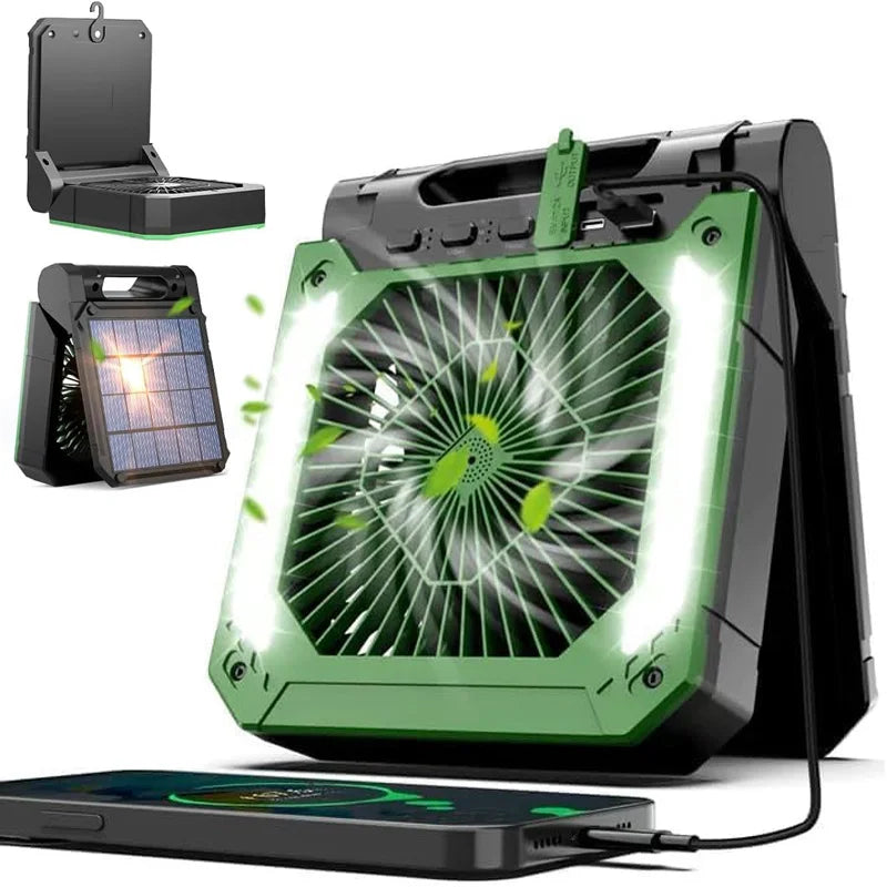 Ventilateur de camping sans fil | Lanterne LED rechargeable solaire et USB | Autonomie jusqu'à 58h