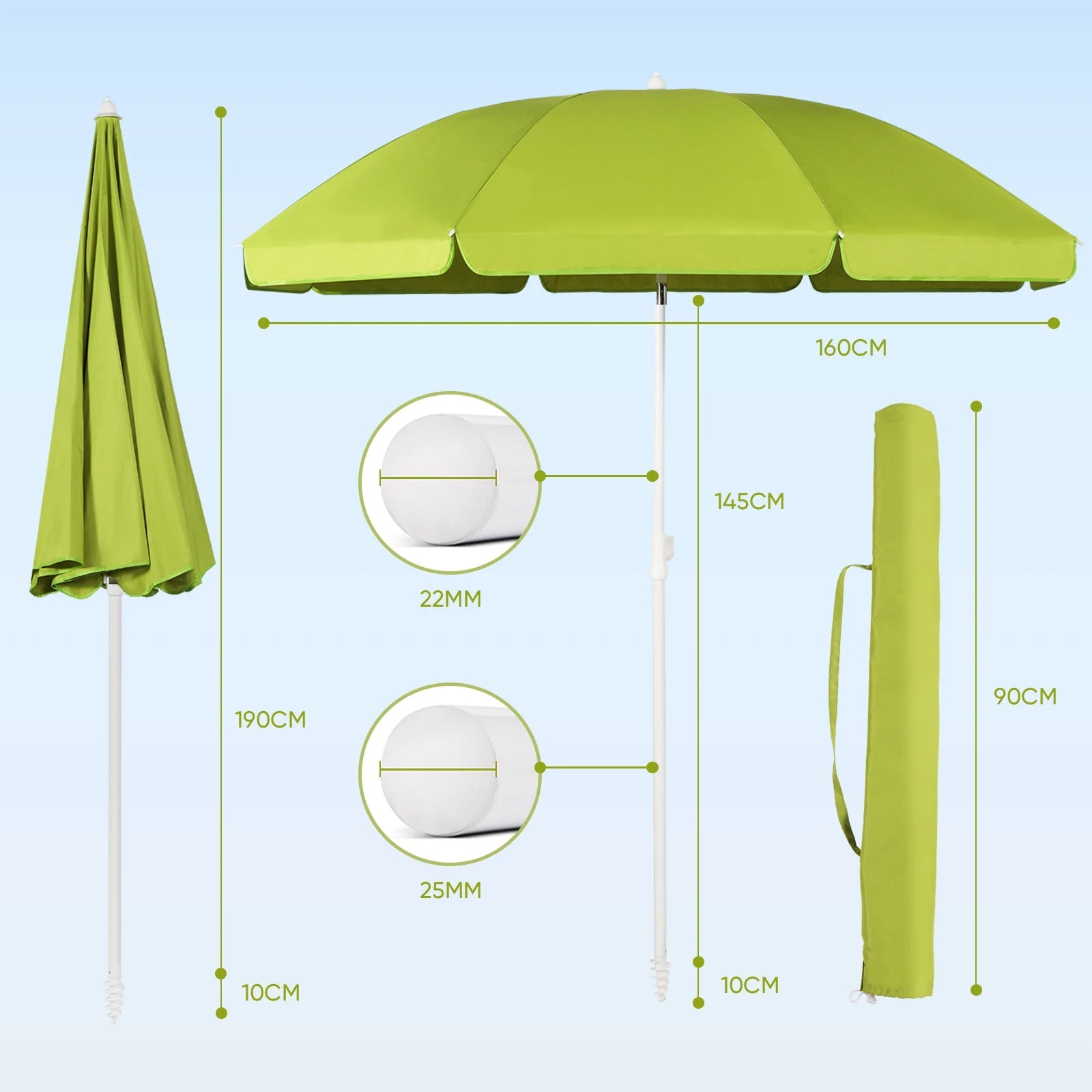Parasol de Terrasse & Plage | Canopée 160 cm | Polyester Imperméable, Armature en Acier & Protection UV