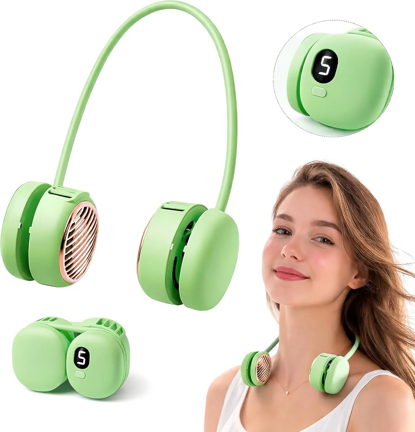 Ventilateur de Cou Portable | Double Turbo 5 Vitesses | Bandeau en Silicone Flexible | Rechargeable USB-C