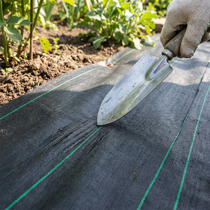 Toile de paillage noire déroulée sur le sol dans un jardin