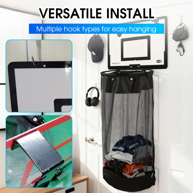 Détail du panier à linge avec arceau style basket et sac en filet