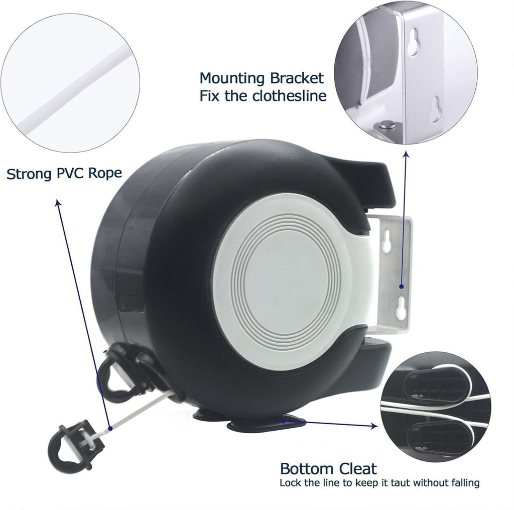 Corde à linge extensible | 30m rétractable gain de place | Résistant aux intempéries | Intérieur & extérieur