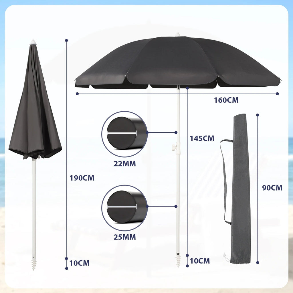 Parasol de Terrasse & Plage | Canopée 160 cm | Polyester Imperméable, Armature en Acier & Protection UV
