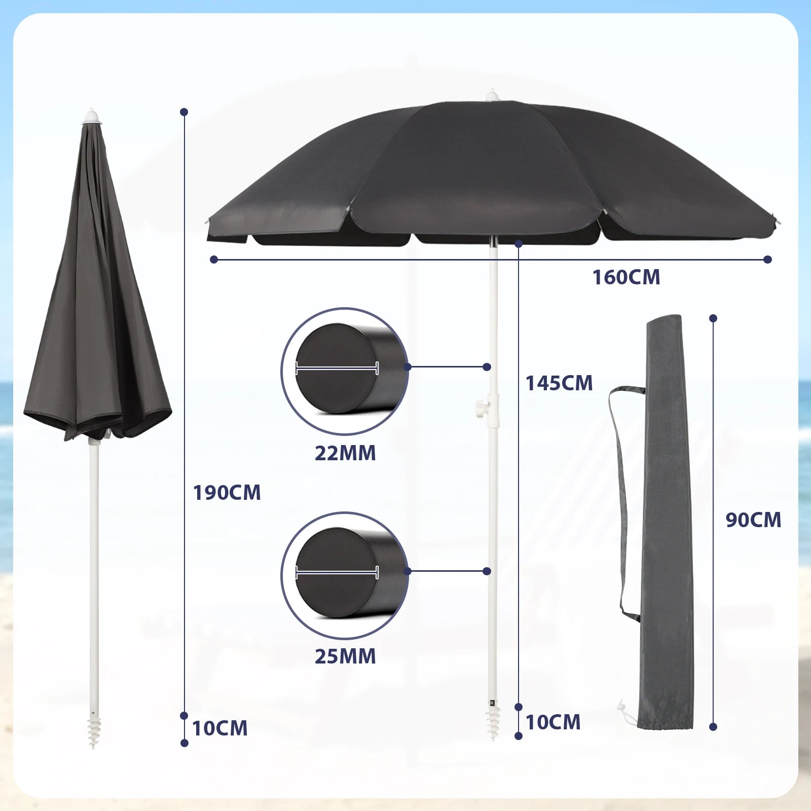 Parasol de Terrasse & Plage | Canopée 160 cm | Polyester Imperméable, Armature en Acier & Protection UV