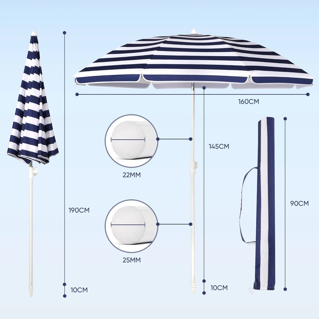 Parasol de Terrasse & Plage | Canopée 160 cm | Polyester Imperméable, Armature en Acier & Protection UV