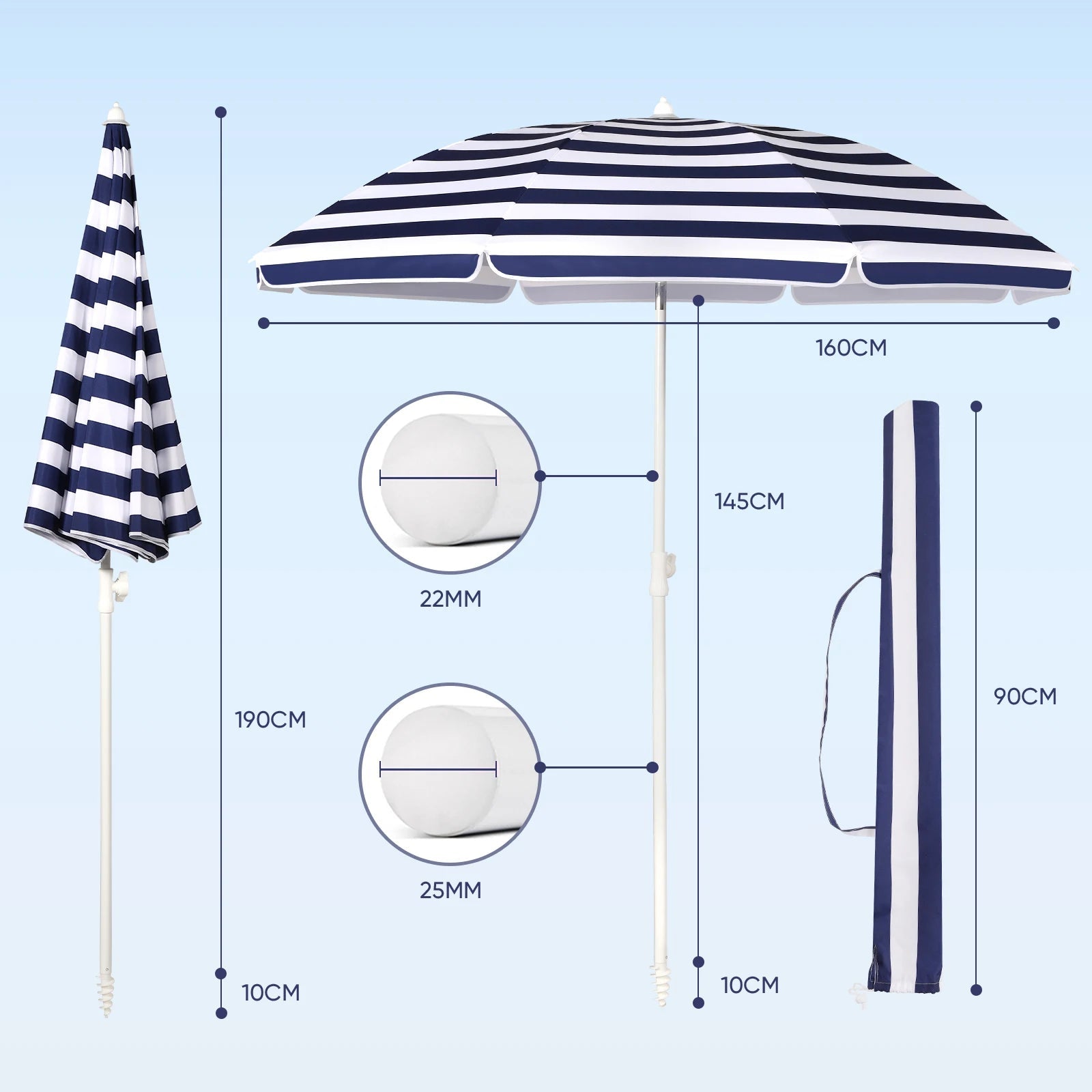 Parasol de Terrasse & Plage | Canopée 160 cm | Polyester Imperméable, Armature en Acier & Protection UV
