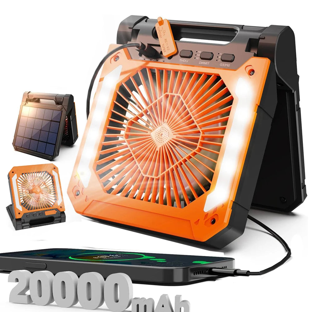 Ventilateur de camping sans fil | Lanterne LED rechargeable solaire et USB | Autonomie jusqu'à 58h