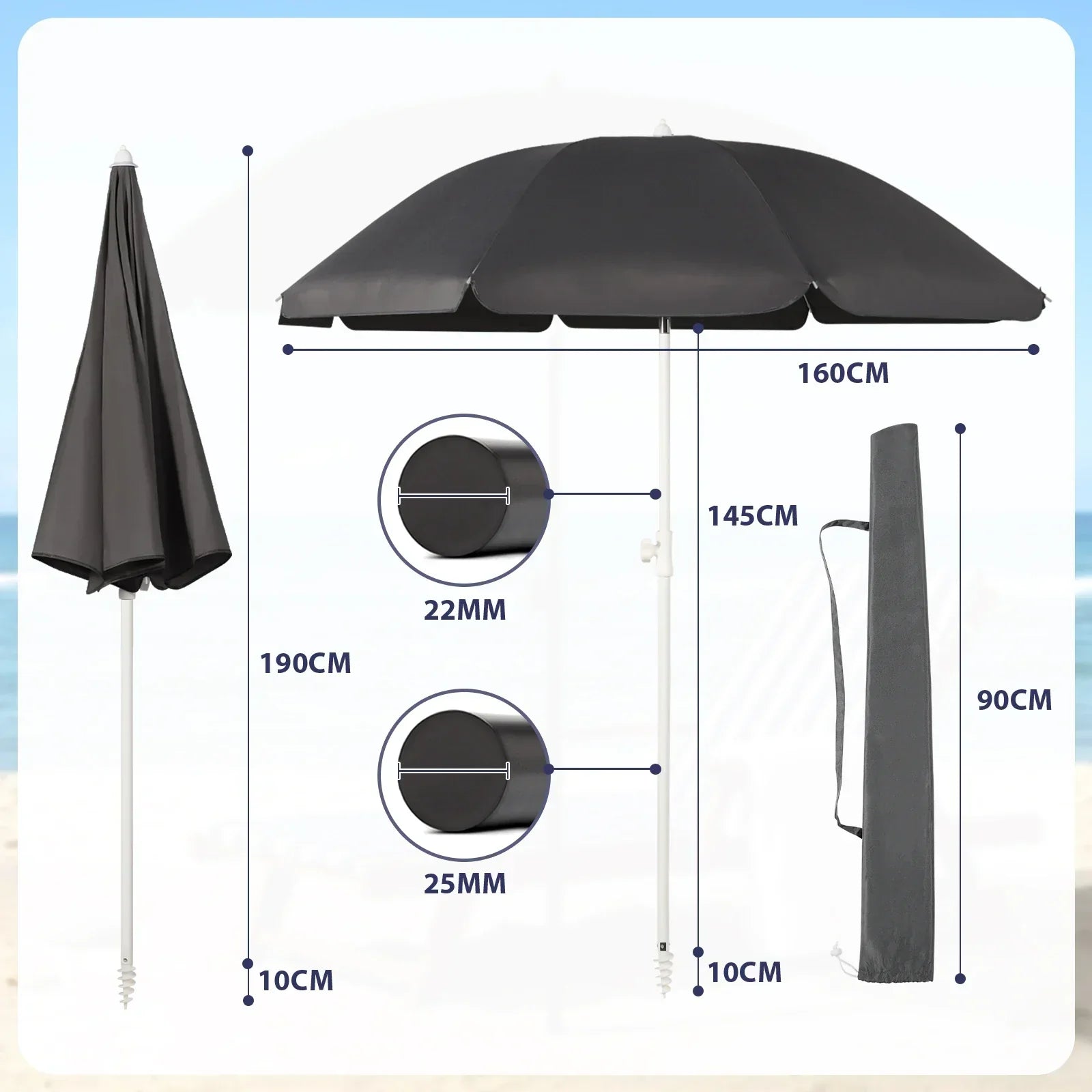 Détail de la structure du parasol avec mât et système de réglage
