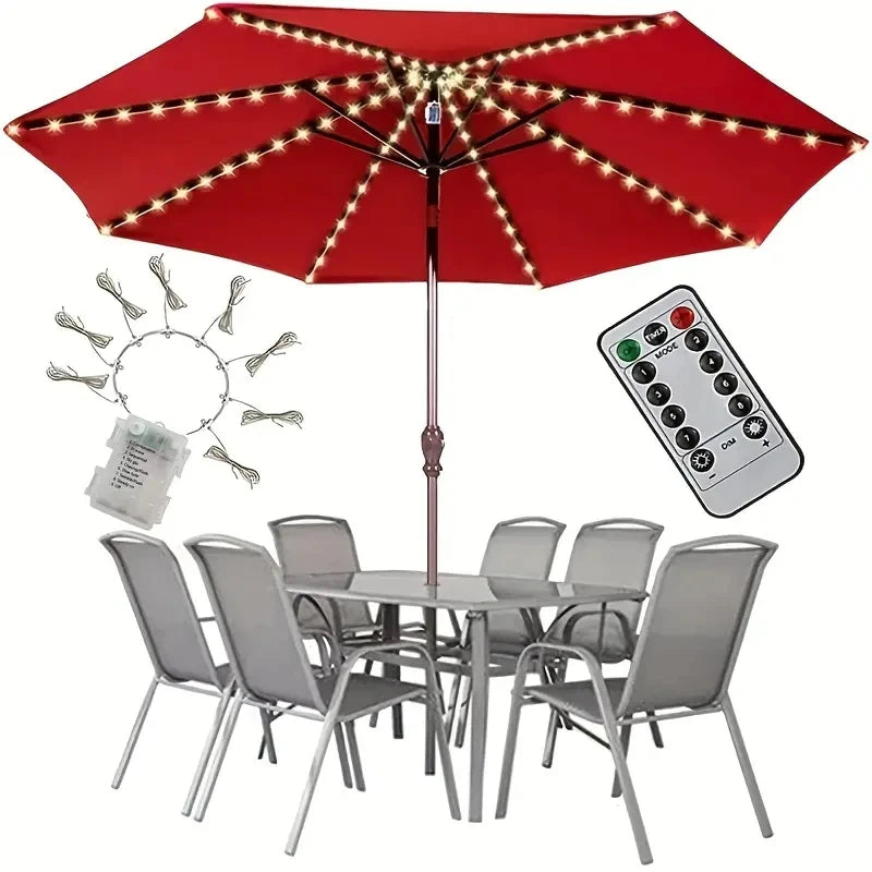 Guirlande lumineuse pour parasol extérieur | 104 LED blanc chaud | Télécommande & alimentée par batterie | Étanche