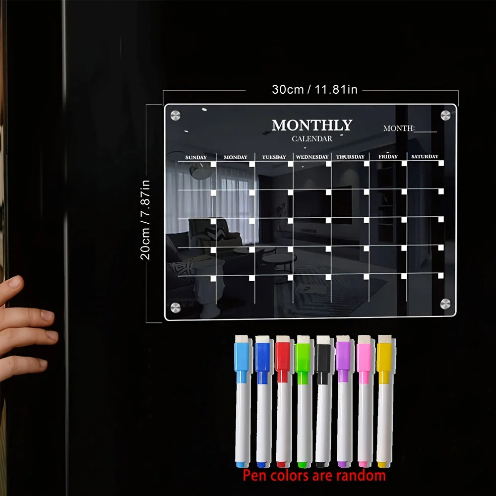 Calendrier effaçable à sec magnétique | Planificateur en acrylique transparent | Fixation sur réfrigérateur & marqueur inclus