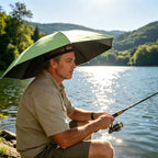 Vue de face du parapluie chapeau Pluviax ouvert avec sangle de maintien