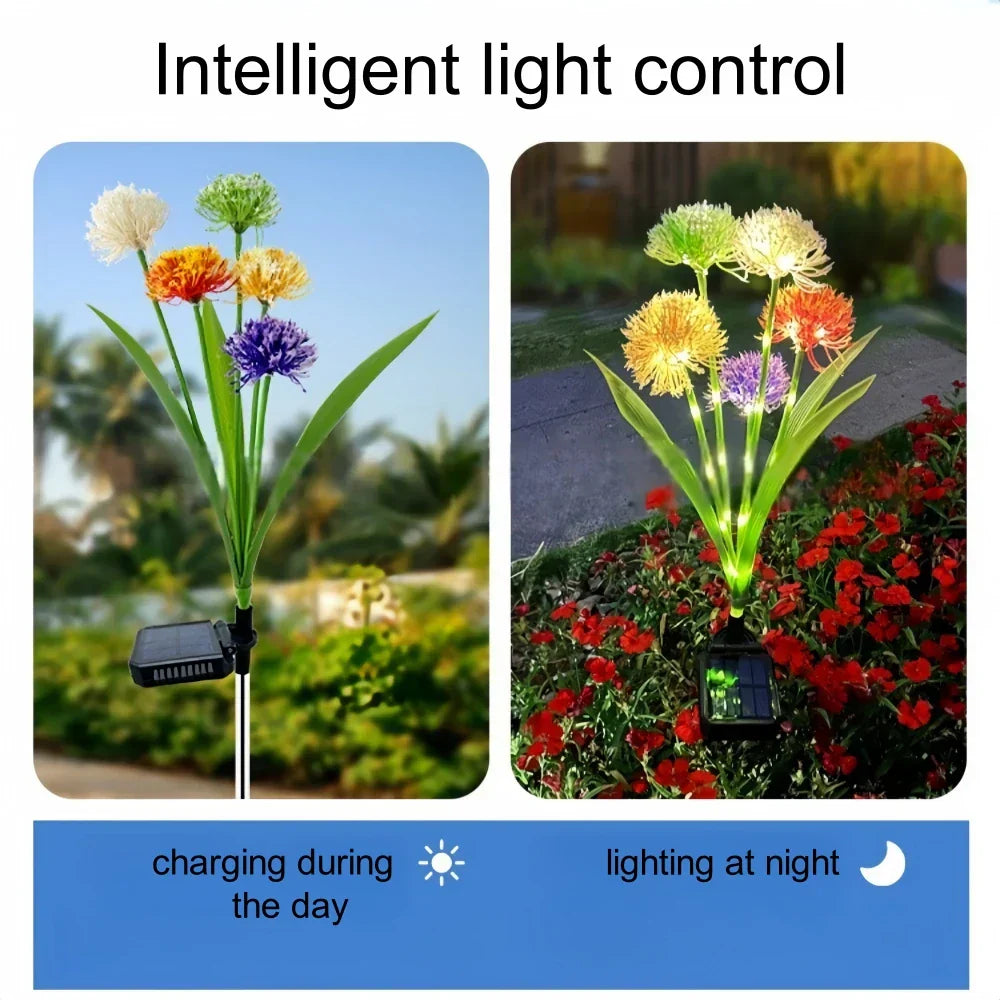 Détail de la lampe extérieure solaire Soléria avec têtes lumineuses style pissenlit
