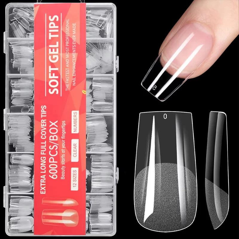 Ongles Press-On | Pleine Couverture Carré Style Français | Finition Mi-Givrée & Gel Trempable | 600pcs