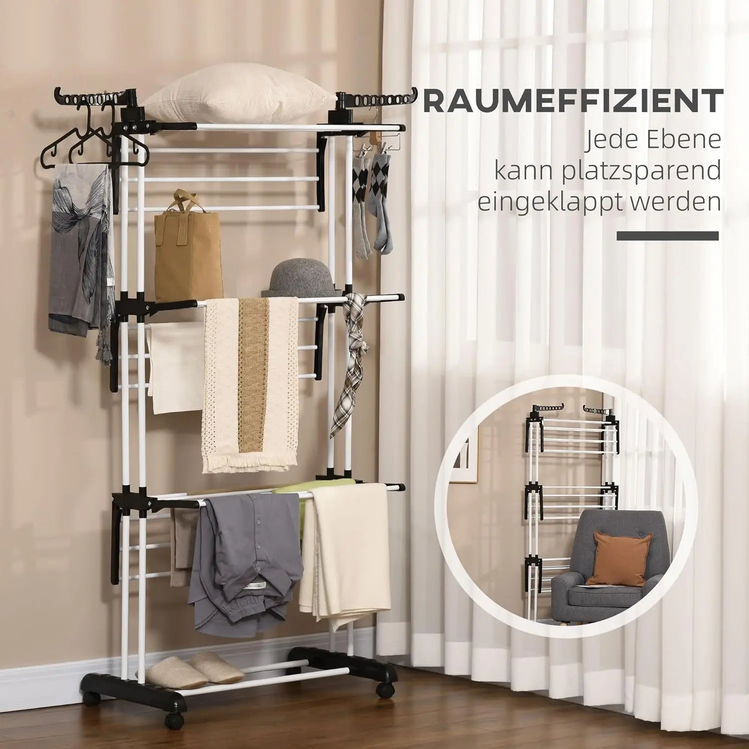 Séchoir à Vêtements | 4 Niveaux Pliables | Acier Thermolaqué, Roues Verrouillables | Usage Intérieur/Extérieur