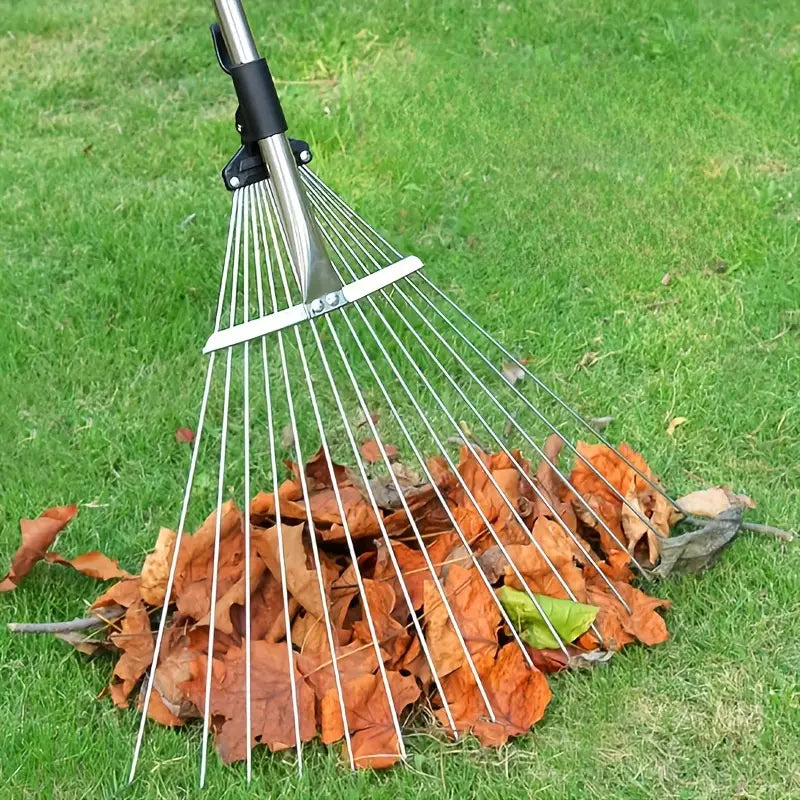 Détail du manche télescopique réglable du râteau Jardinia