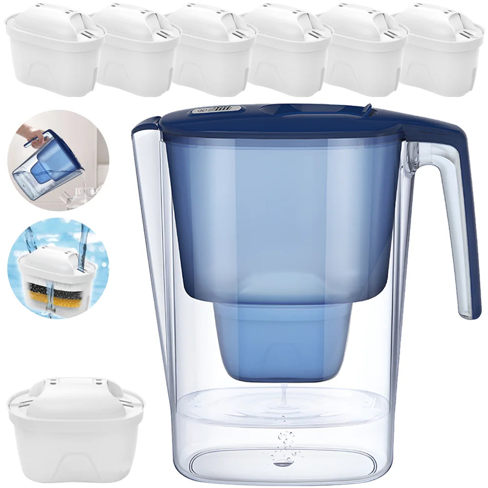 Carafe Filtrante d'Eau Domestique | Filtre à Charbon Actif Alcalin | Capacité 3,6L | Minuteur de Remplacement Intégré