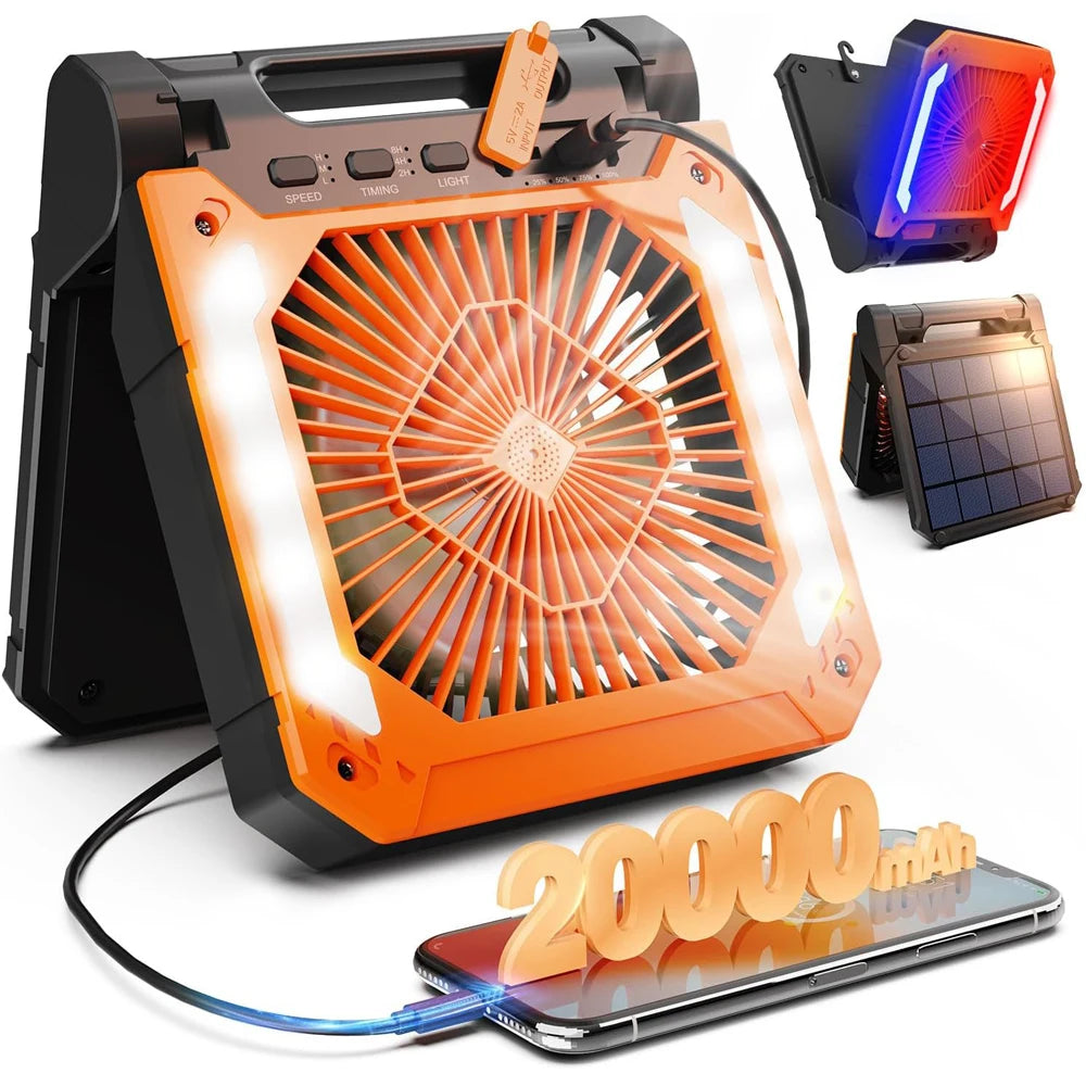 Ventilateur de camping sans fil | Lanterne LED rechargeable solaire et USB | Autonomie jusqu'à 58h