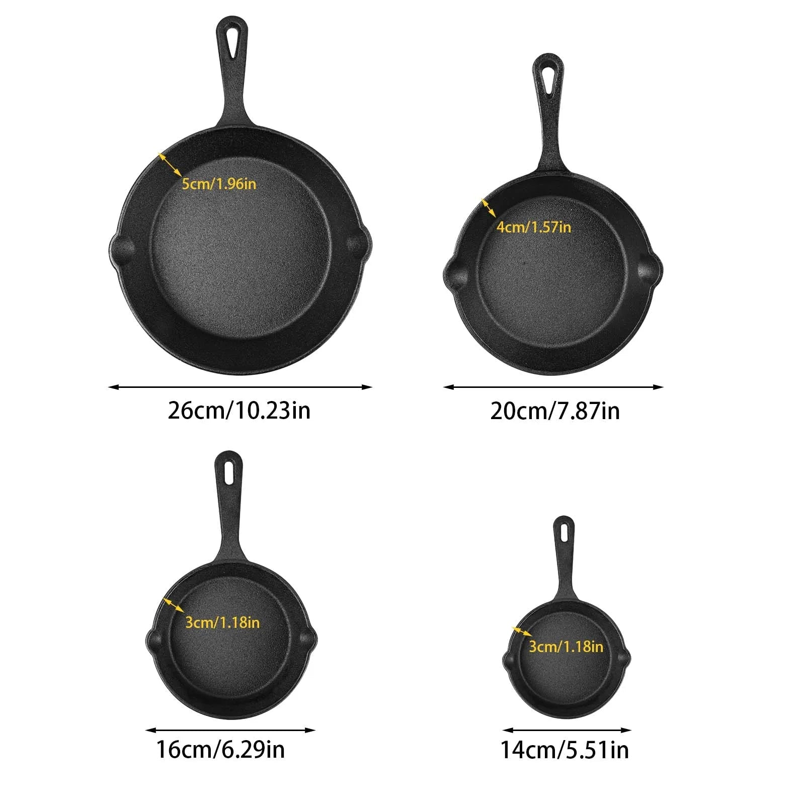 Ensemble de poêles en fonte | Non enduit et à haute rétention de chaleur | Ensemble de 4 pièces | Compatible gril, cuisinière et four