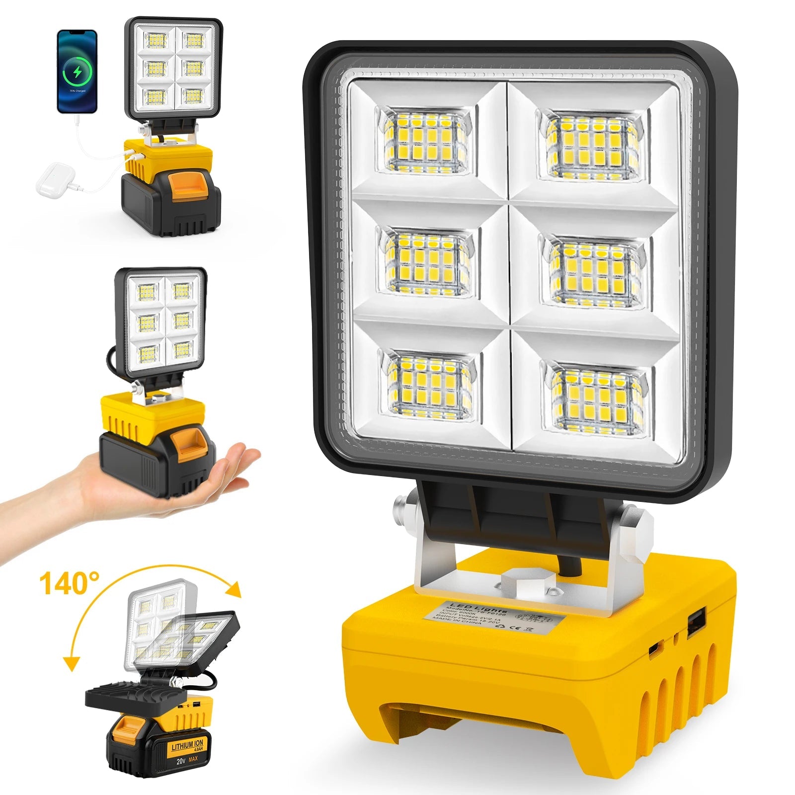 Lampe de travail portable | LED haute luminosité 5200LM | Rechargeable USB-C | Support à angle réglable