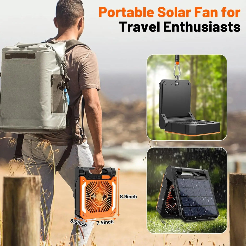 Ventilateur de camping sans fil | Lanterne LED rechargeable solaire et USB | Autonomie jusqu'à 58h