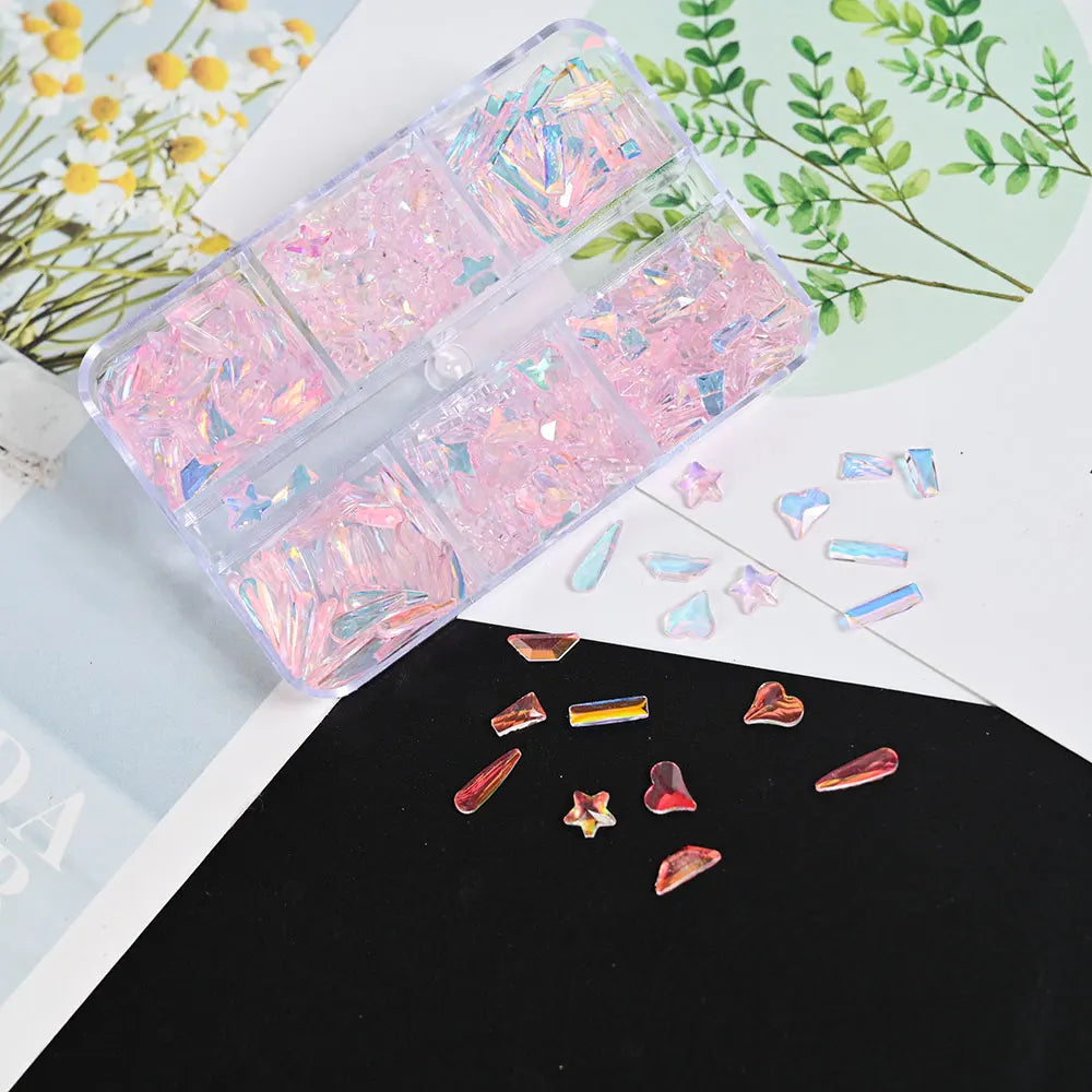 Set de strass pour nail art | Formes mixtes Aurora rose | Dos plat en verre 400 pcs | Manucure DIY