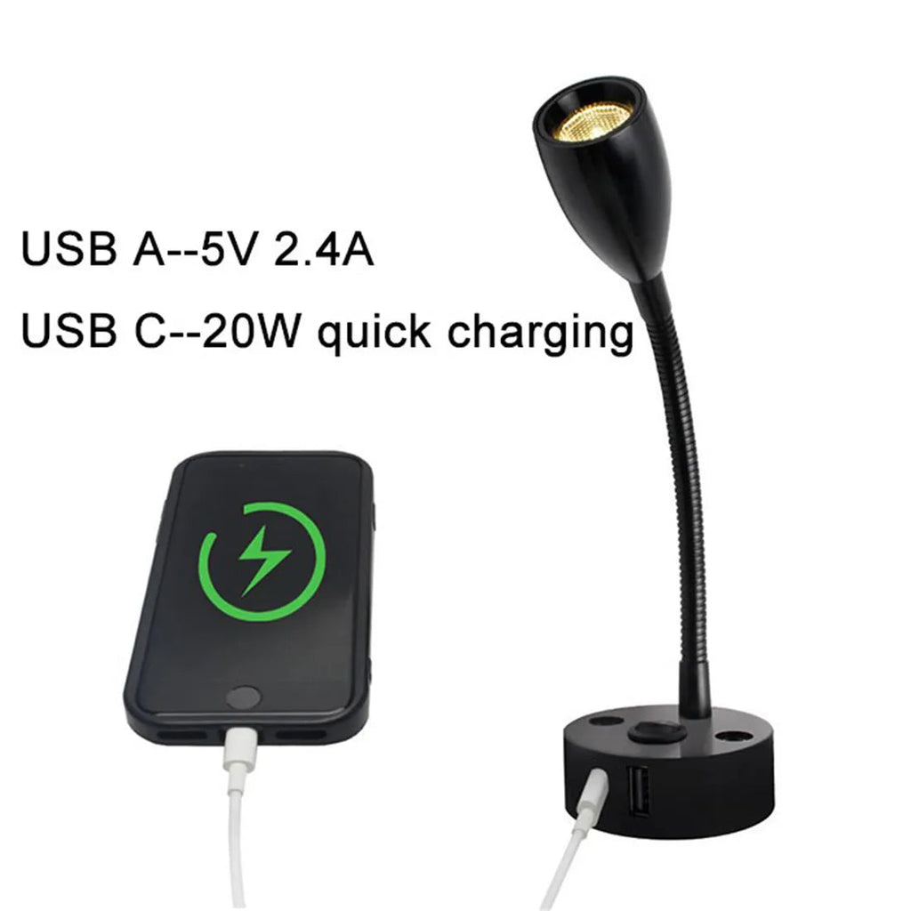 Lampe de lecture pour camping-car | Lampe LED à col de cygne | Construction en aluminium | Charge rapide USB-C 12–24V