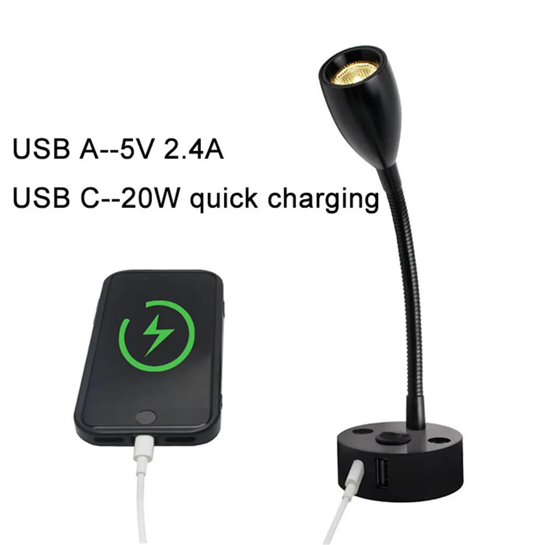 Lampe de lecture pour camping-car | Lampe LED à col de cygne | Construction en aluminium | Charge rapide USB-C 12–24V