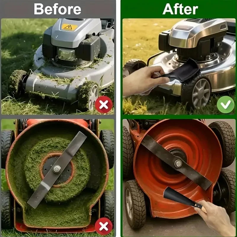 Grattoir et brosse de nettoyage pour retirer l'herbe et les résidus sous la tondeuse