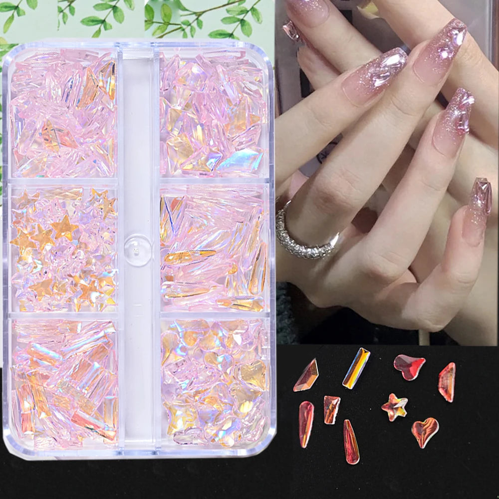 Set de strass pour nail art | Formes mixtes Aurora rose | Dos plat en verre 400 pcs | Manucure DIY